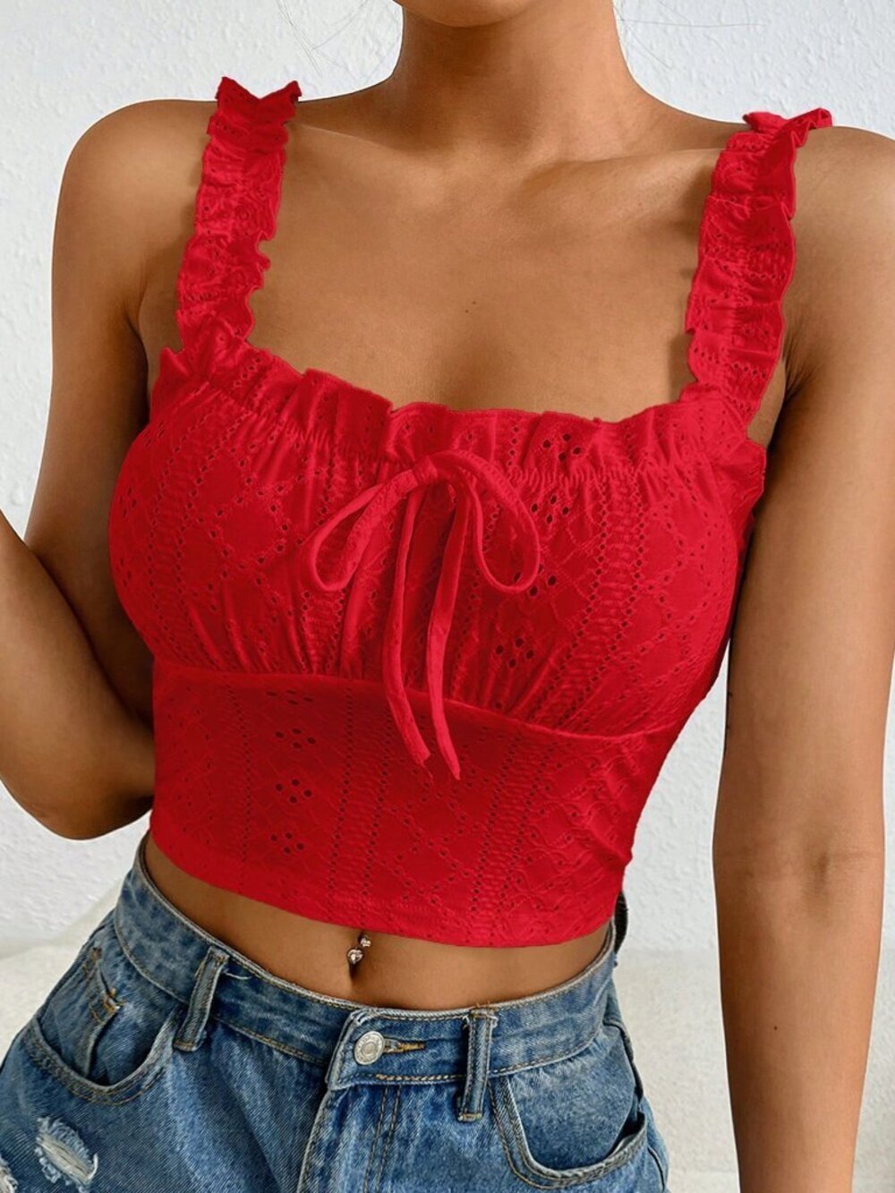 Red Boho Women's Square Neck Knitted Tight Tank Top With Wide Straps